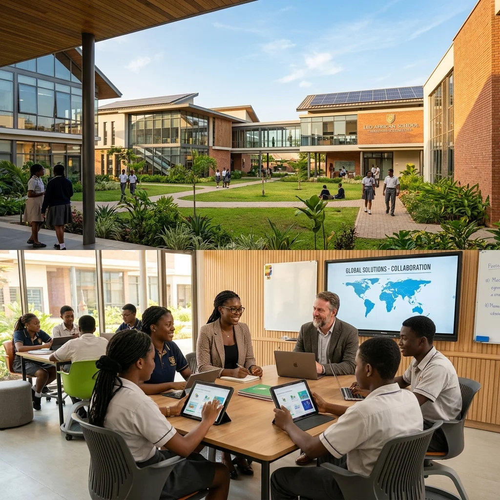 African educators and children collaborating in a modern school campus